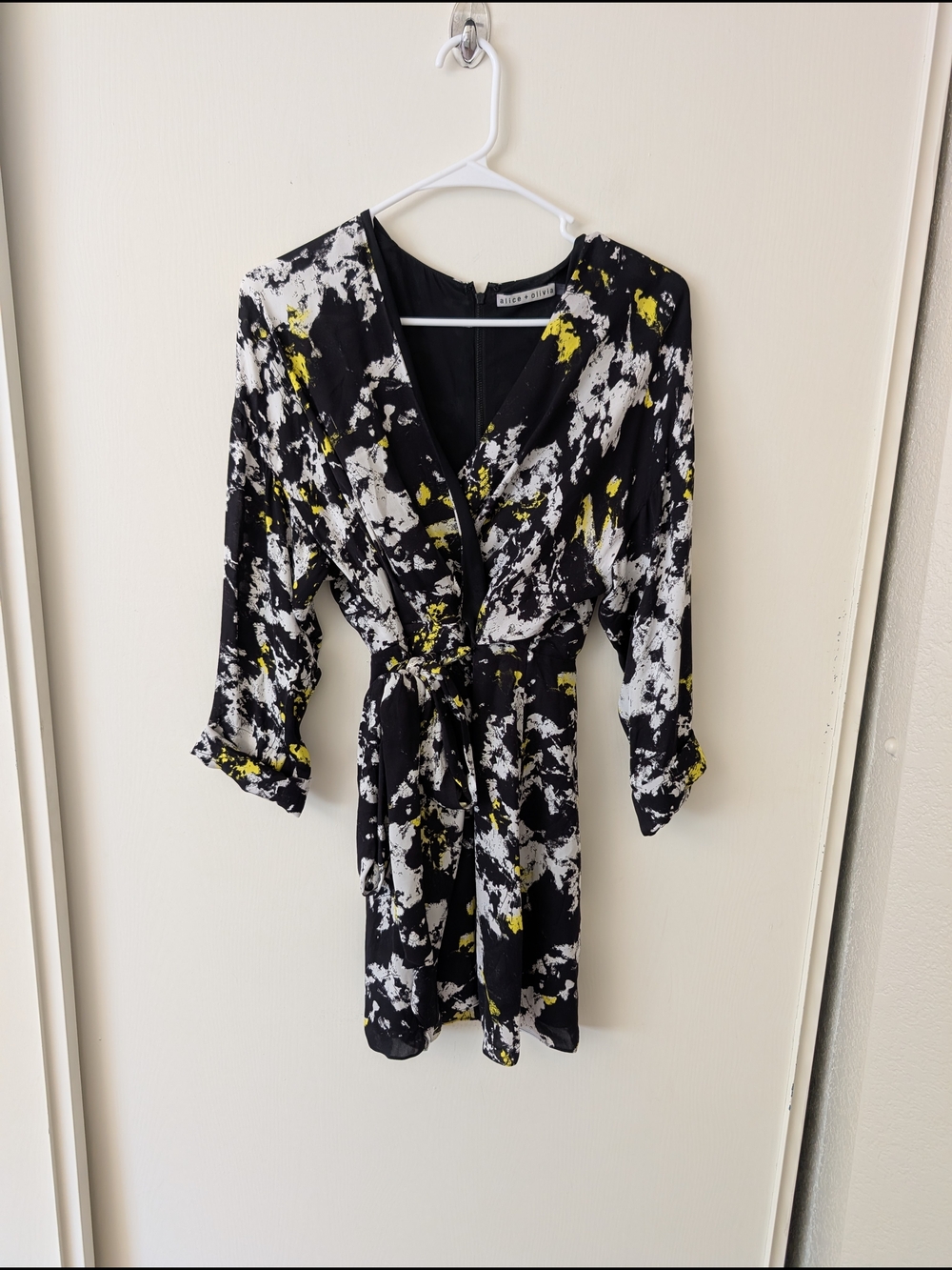 Alice + Olivia Black Abstract Print Mini Dress with Yellow Accents